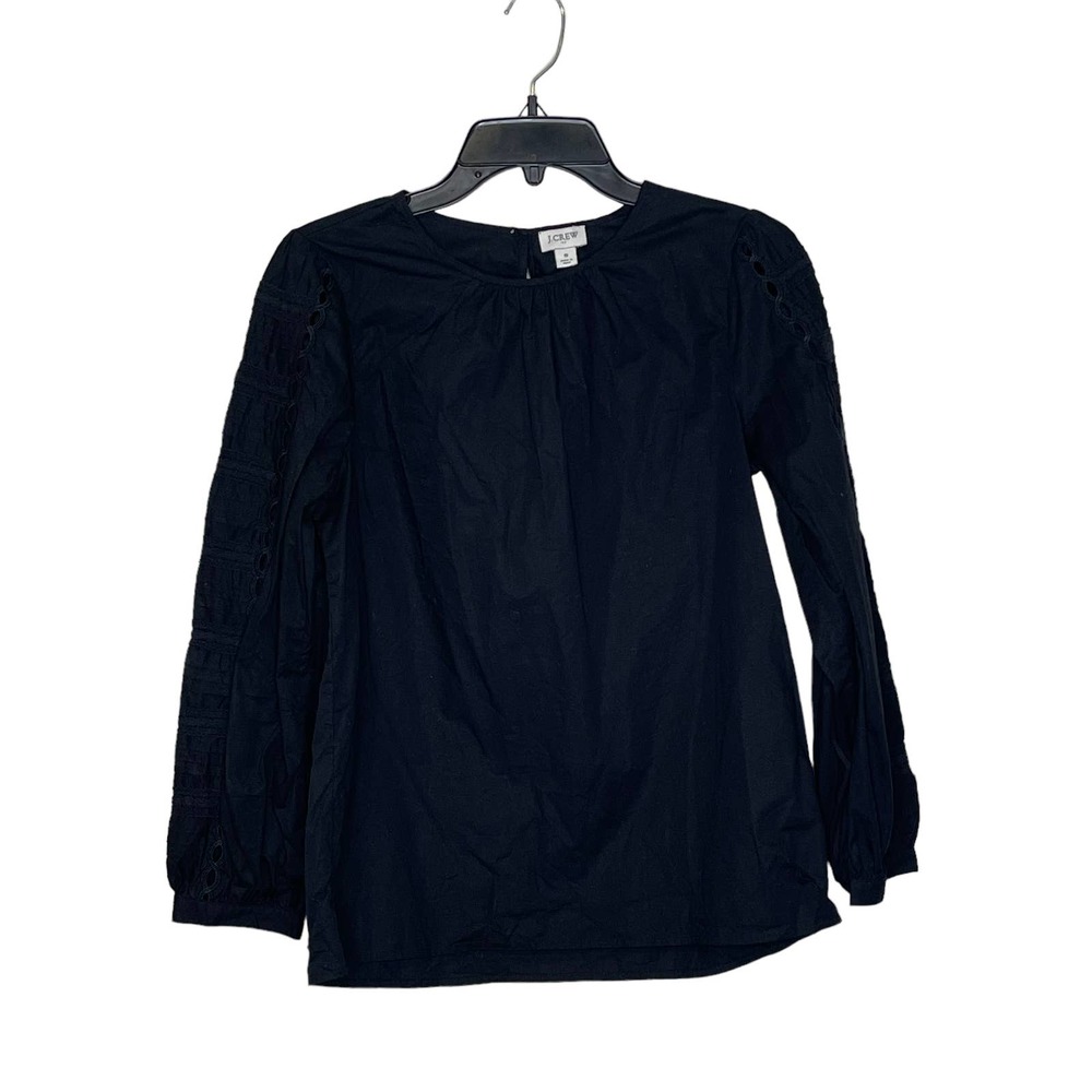 J. Crew Blouse Top Size Small Black With Lace Sleeves Cotton Stretch Blend